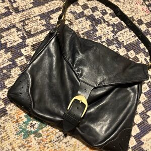 Black Leather Shoulder Bag with Brass Hardware